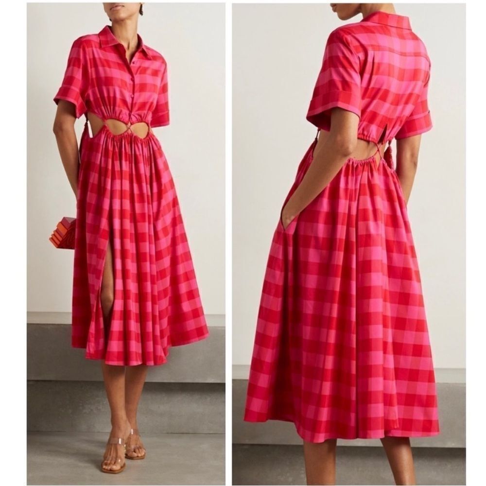 CULT GAIA Keegan Cutout Checked Twill Midi Shirt Dress In Ghermez Rose S